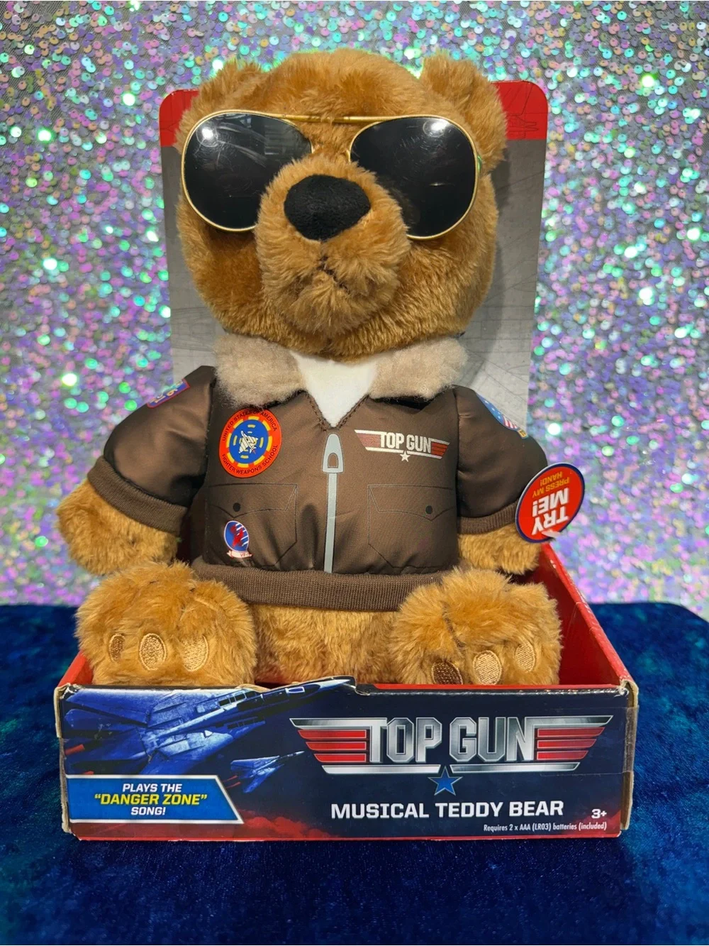 NIB Top Gun Plush Maverick Aviator Pilot Brown Teddy Bear Musical Stuffed Animal
